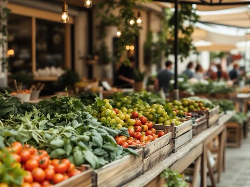 Bunter Marktstand mit frischen Waren