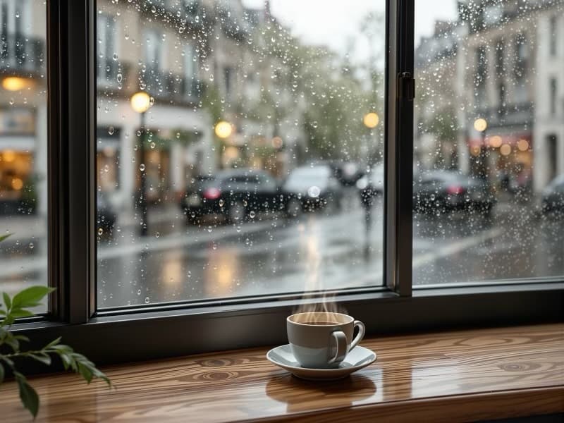 Regennasse Gasse hinter einer Fensterscheibe